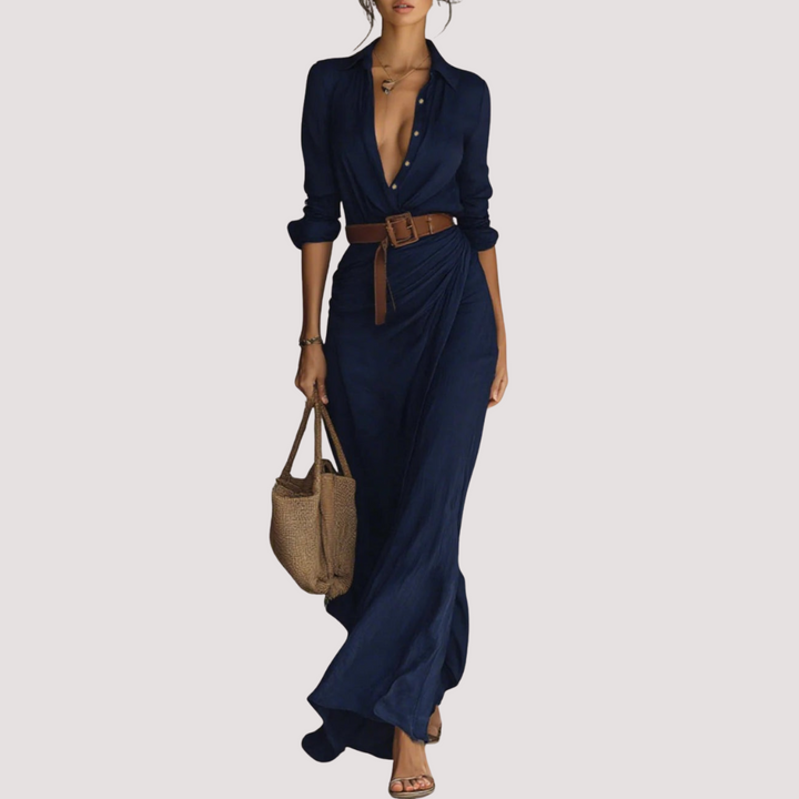 Norevana - Vestido Largo con Cinturón, Mangas Largas y Solapas