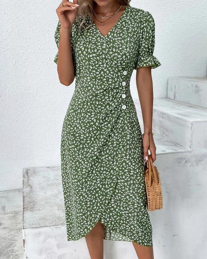 Linda™ – Blomstrete kjole med V-hals