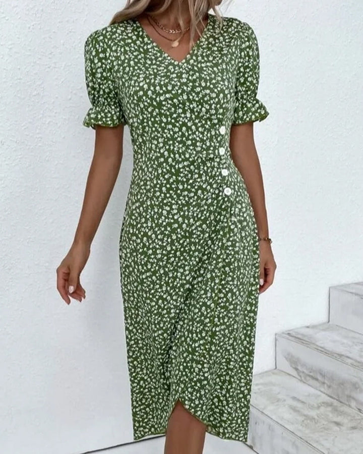 Linda™ – Blomstrete kjole med V-hals