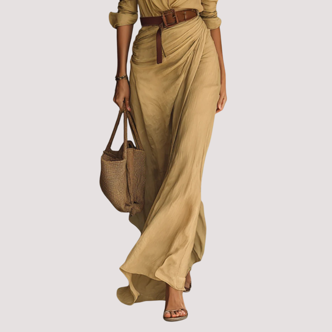 Norevana - Vestido Largo con Cinturón, Mangas Largas y Solapas