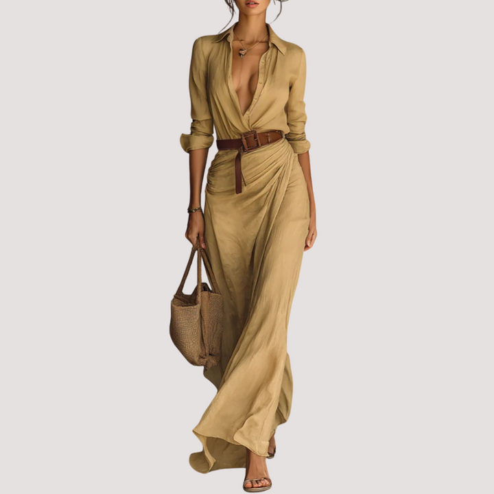 Norevana - Vestido Largo con Cinturón, Mangas Largas y Solapas