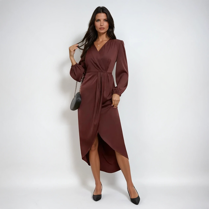 Ingrid™ | Elegant midikjole med V-hals og lange ermer